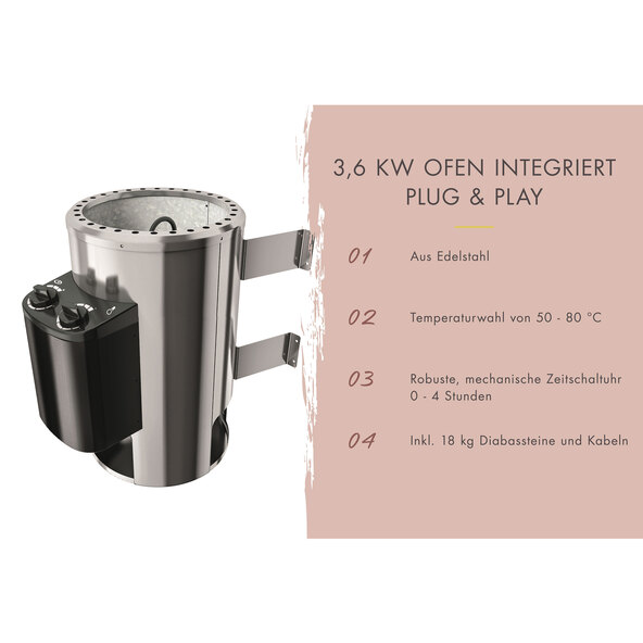Sauna Ida 3 med varmeovn, 3,6 kW, naturlig finish