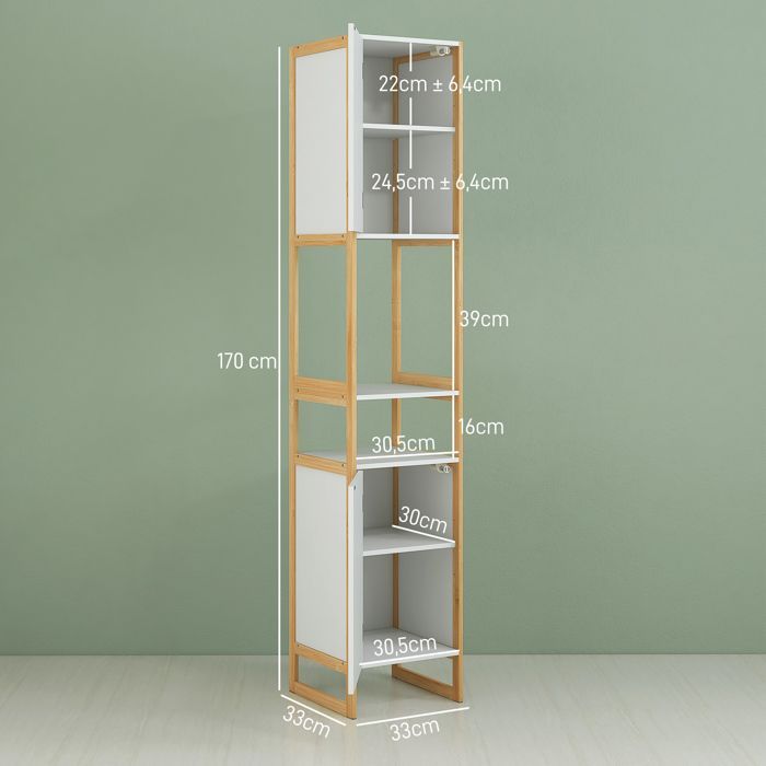 Mueble columna de baño HOMCOM con 2 nichos y 2 armarios, estante de bambú ajustable, 33 cm de ancho x 33 cm de profundidad x 170 cm de alto, blanco.