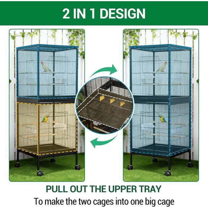 Jaula grande para pájaros de 52 x 50 x 143 cm con soporte y 4 perchas - Jaula para pájaros con ruedas
