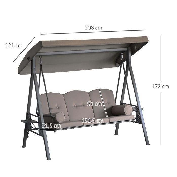 Balancelle de Jardin - Outsunny - 3 Places - Toit Inclinaison réglable Coussins Plateaux rétractables - Polyester filé Beige