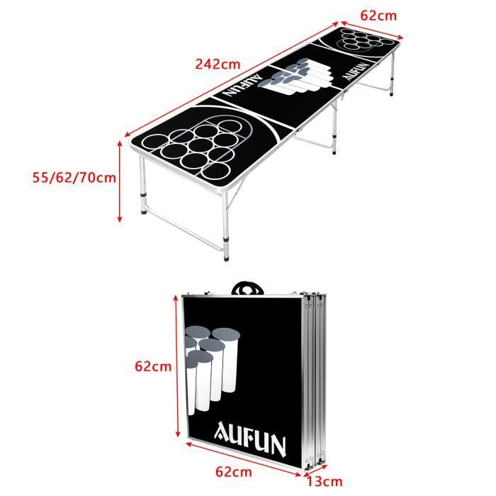 Mesa de Beer Pong - LILIIN - Dobrável em Alumínio - 6 Bolas e 100 Copos - Altura Ajustável de 55 a 70 cm
