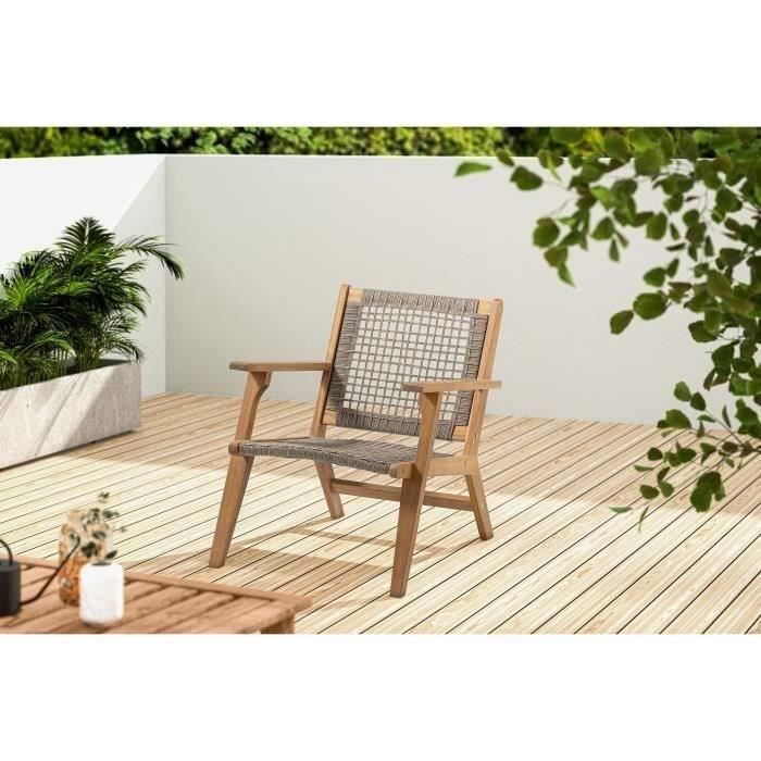 Sillón bajo de jardín en madera de acacia con certificación FSC y resina tejida - BORA - 60 x 76 x 73 cm