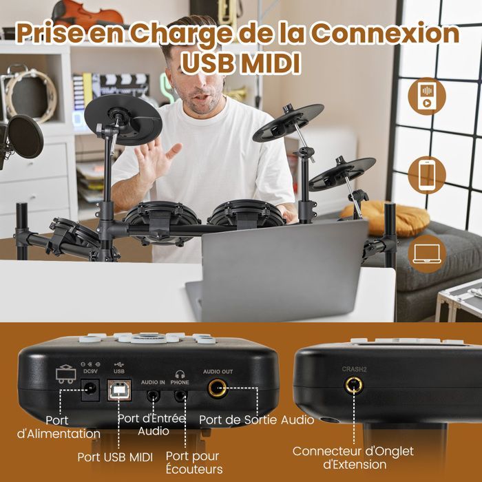 Batería electrónica GYMAX, set de batería electrónica con tambor, caja, 3 platillos, baquetas y auriculares.