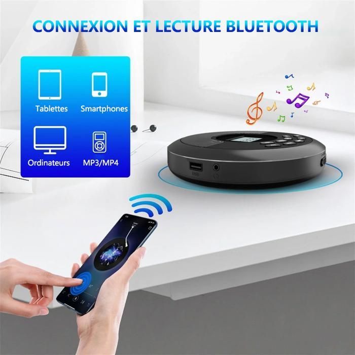 Reproductor de CD portátil Bluetooth negro - Altavoces integrados, USB, batería de 1500 mAh, resistente a golpes, HiFi, compacto - 145 x 145 x 30 mm