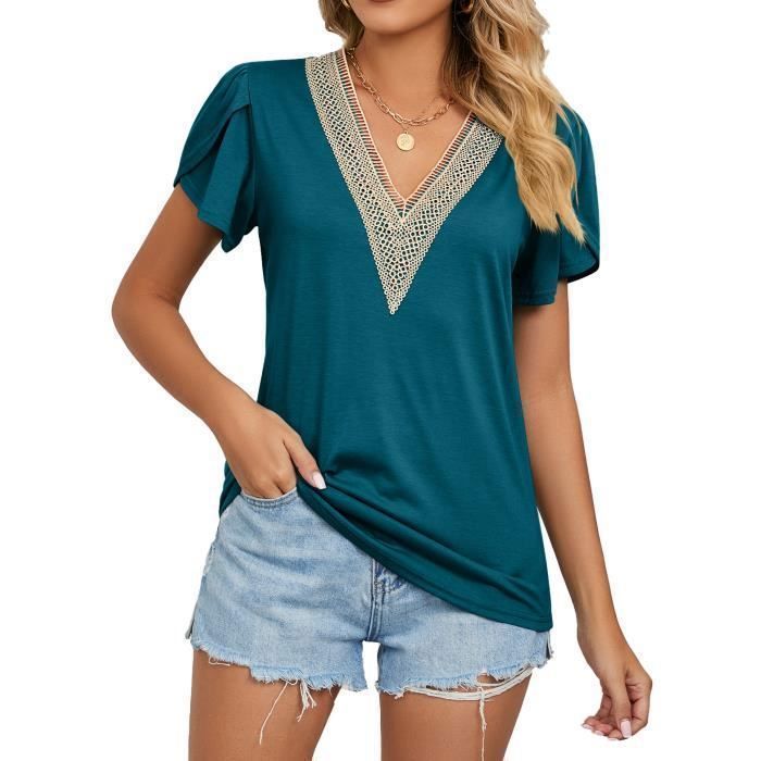 T-shirt da donna a maniche corte con scollo a V e inserti in pizzo - INSFITY - Blu Verde
