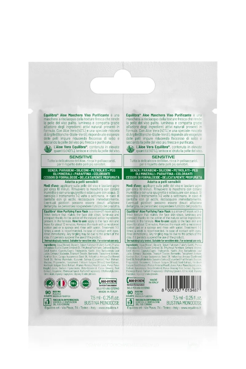 Equilibra Reinigend Gezichtsmasker met Aloë Vera, 2 afzonderlijke doses x 7,5 ml. Bestrijdt onzuiverheden.