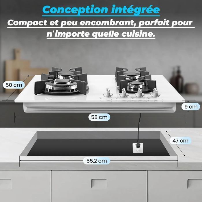 Piano cottura a gas - 4 bruciatori - Vetro temperato bianco - 8060W - Termocoppia di sicurezza - Gas naturale/GPL - Piano cottura a gas