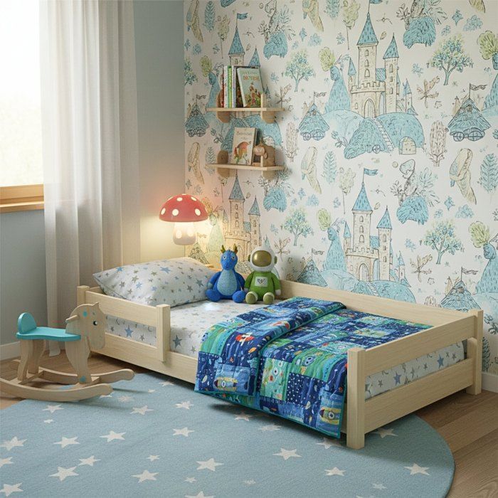 Cama infantil baja NORDI de 60x120 cm – Madera natural, estructura baja, barandillas de seguridad