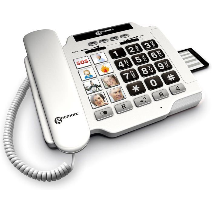 Téléphone fixe amplifié pour séniors - SUTEO - Photophone 100 - Filaire - Blanc - Touches photo personnalisables