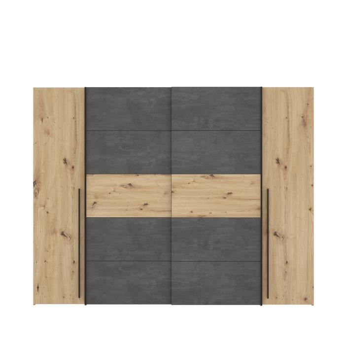 Armoire - Décor chêne artisan et béton gris - 2 portes battantes + 2 portes coulissantes - L 270,3 x P 61,2 x H 210 cm - NARAGO