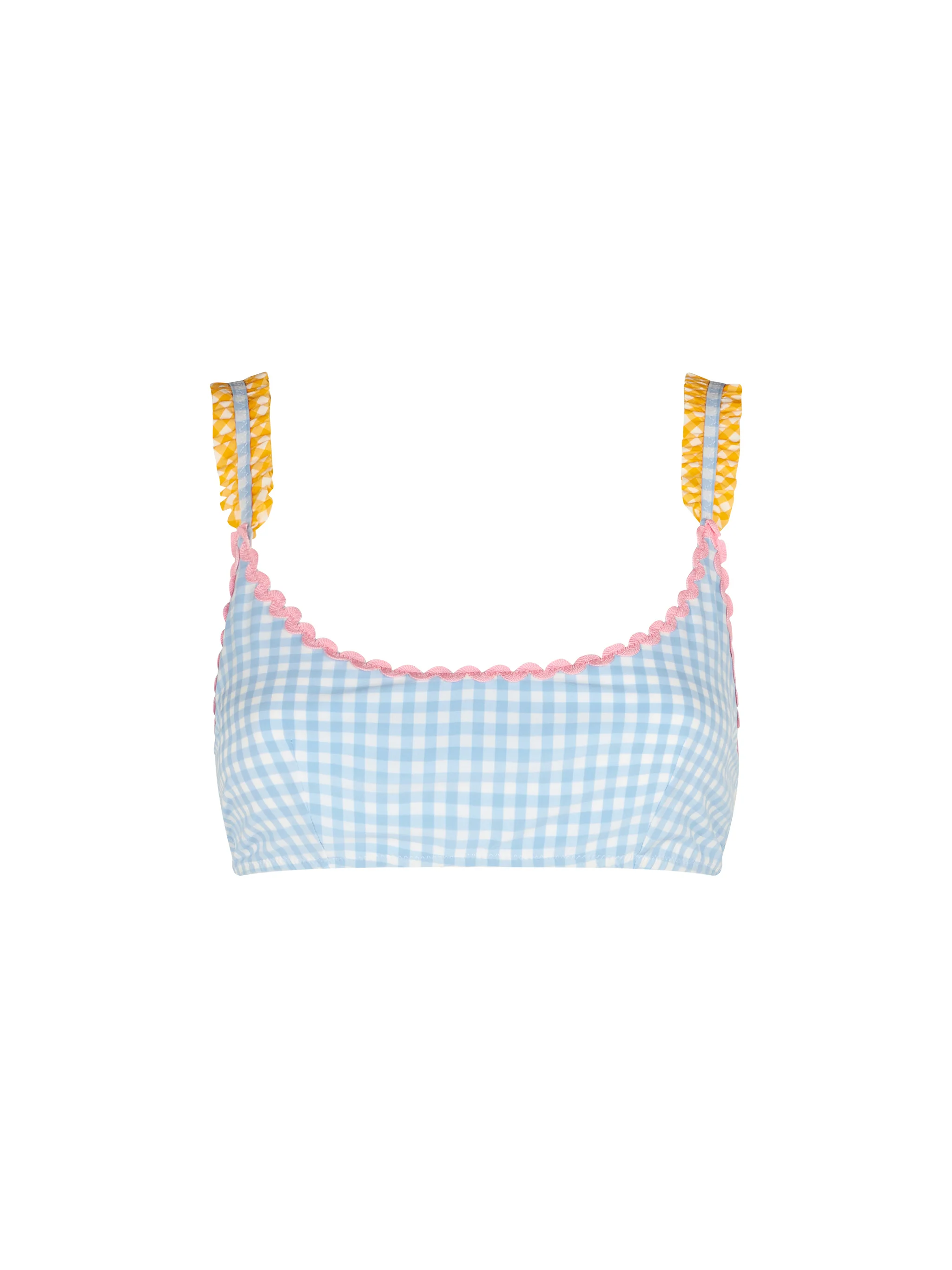 Traje de baño tipo bralette para mujer con estampado de cuadros vichy.