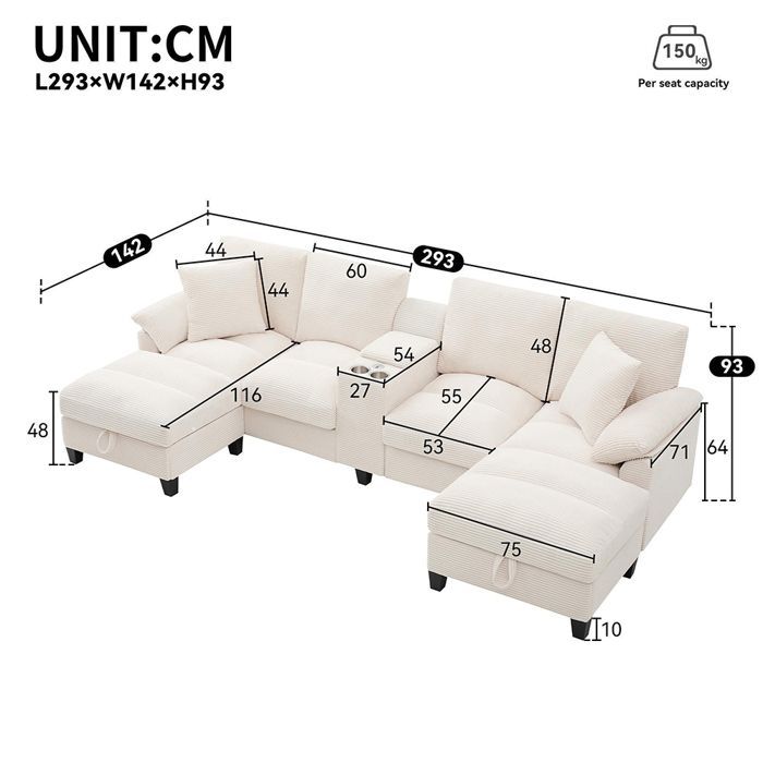 Canapé d'angle en U - Canapé 4 Places - USB - Espace de rangement - Porte-gobelets en Acier Inoxydable - Velours côtelé Beige