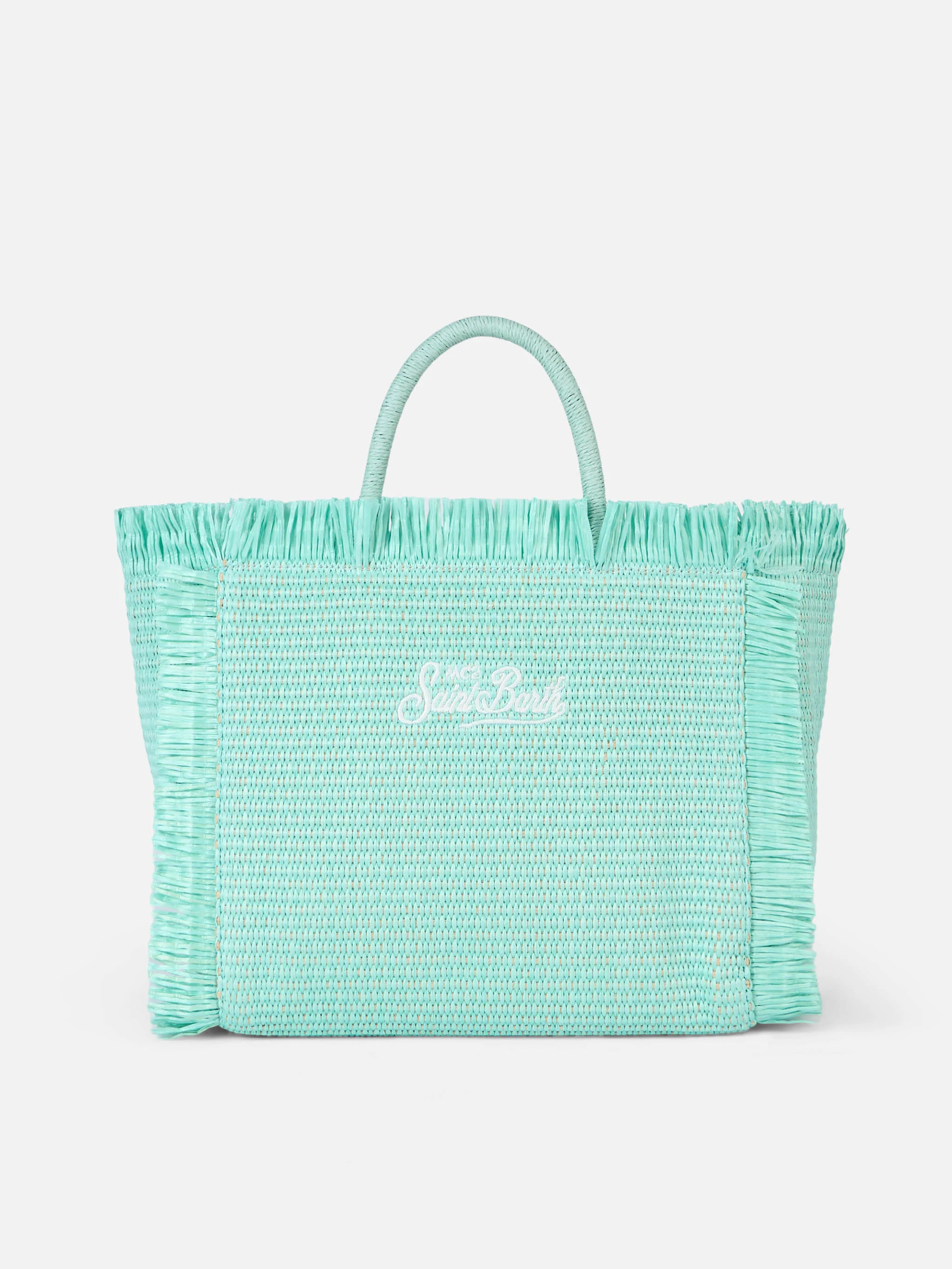 Colette rieten handtas in watergroen | Logo-borduurwerk | Witte en gele houten kralen in de vorm van bloemen, ritssluiting, afneembare schouderband | MC2 Saint Barth