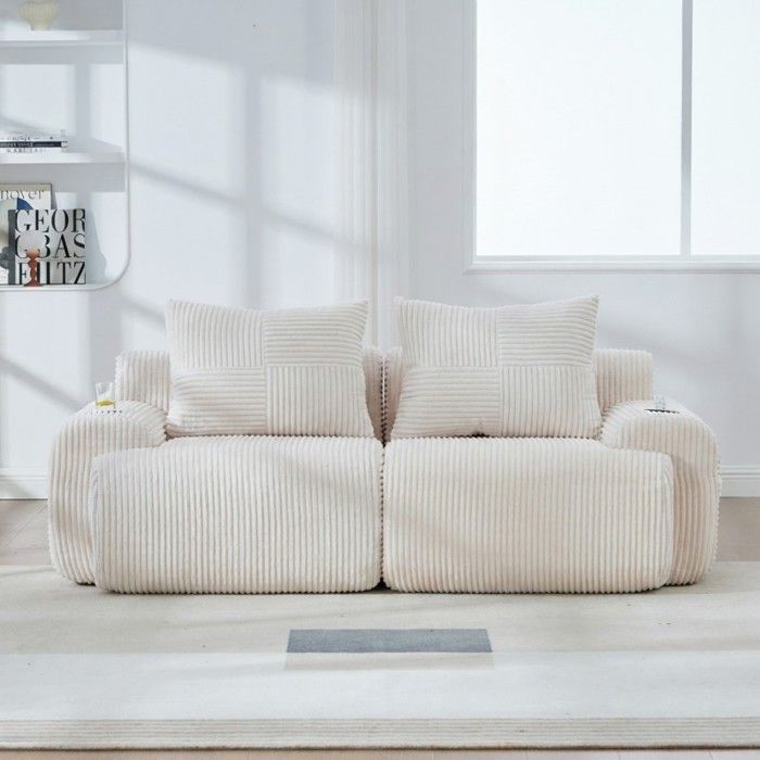 Canapé modulable 2 places - LANGTU - 2 Places Modulable - Velours côtelé beige - Porte-gobelet & poche latérale - 200×99×80cm