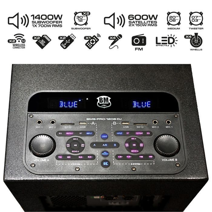 Pack Sonorisation complet BM SONIC BMS-PRO1208-DJ 2000W SUB AMPLIFIE 700W RMS +2x SAT 150W, 2x Bluetooth, 2x USB, Optique AUX FM