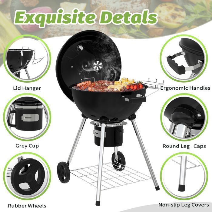 Round 57cm Charcoal Barbecue with Lid, Ideal for 4 to 12 People, Ash Drawer, Adjustable Vent