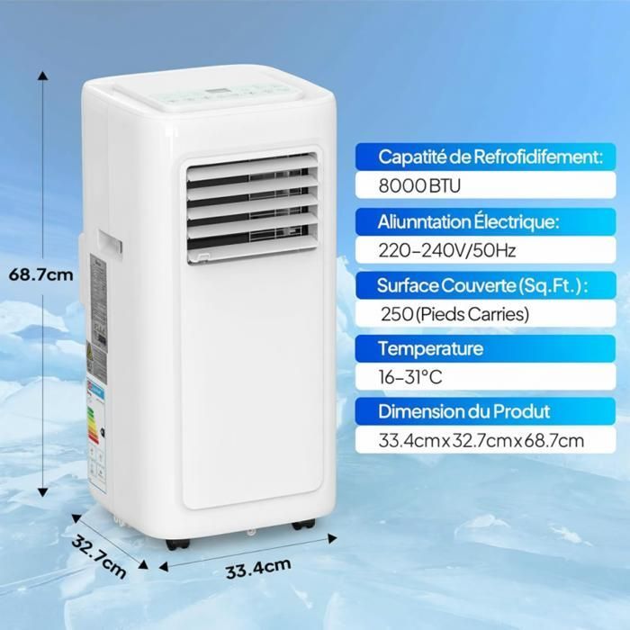 Condizionatore d'aria portatile da 8000 BTU - Timer 24 ore - Telecomando e controllo tramite app intelligente