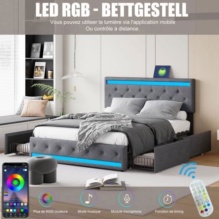 Cama doble 140x190 - PERGAR - Con espacio de almacenamiento - Luces LED - 4 cajones - Ropa de cama gris confortable