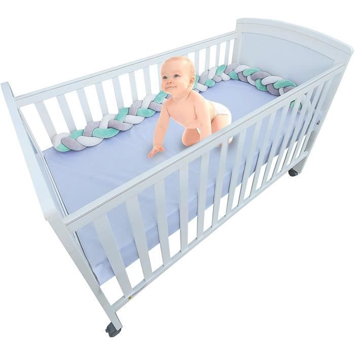 3M Tour de Lit Coussin Serpent Coussin Tressé Pare-chocs Velours Protection Bébé (Blanc gris vert)