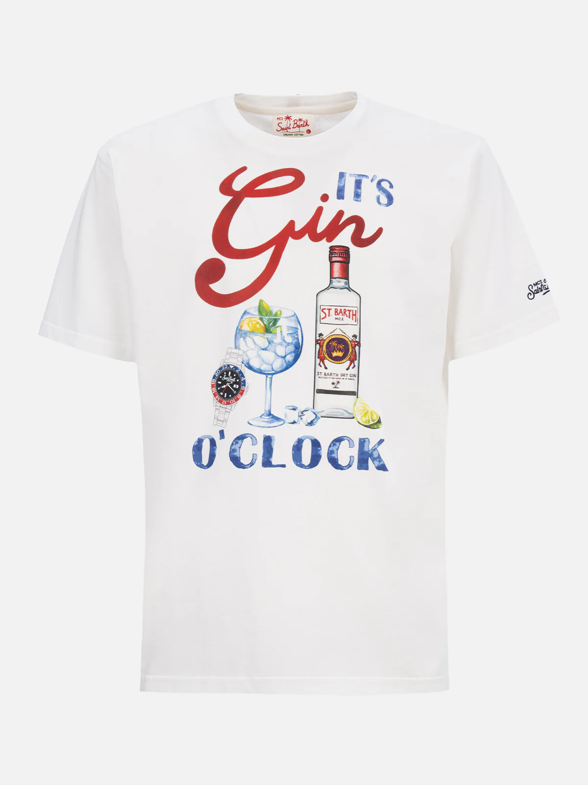Heren katoenen T-shirt met 'It's Gin O'Clock'-print, wit, stukgeverfd, ronde hals, korte mouwen, logo-borduurwerk – 100% katoen | MC2 Saint Barth
