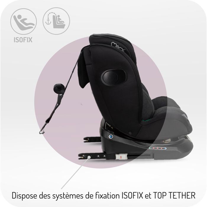 MoMi EMI – Siège auto pivotant 360° I-SIZE 40-150 cm – 0-36 kg – ISOFIX + TOP TETHER – Face/dos route – Noir