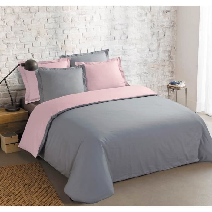 VISION - Bicolore - Housse de couette Réversible 200x200cm avec 2 taies 65x65cm - Gris/rose - 100% coton