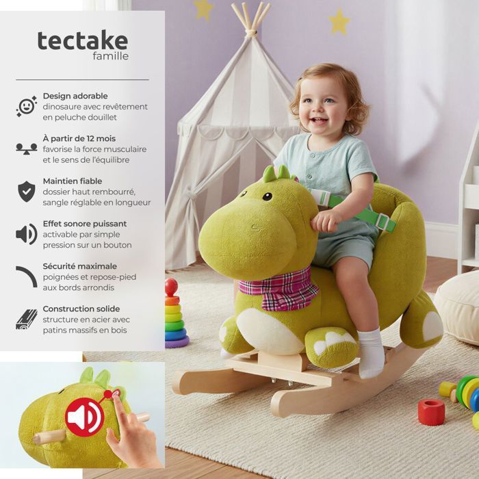 Juguete mecedor - TECTAKE - Dinosaurio mecedor con funda de peluche, a partir de 12 meses, 35 x 70 x 50 cm - Verde