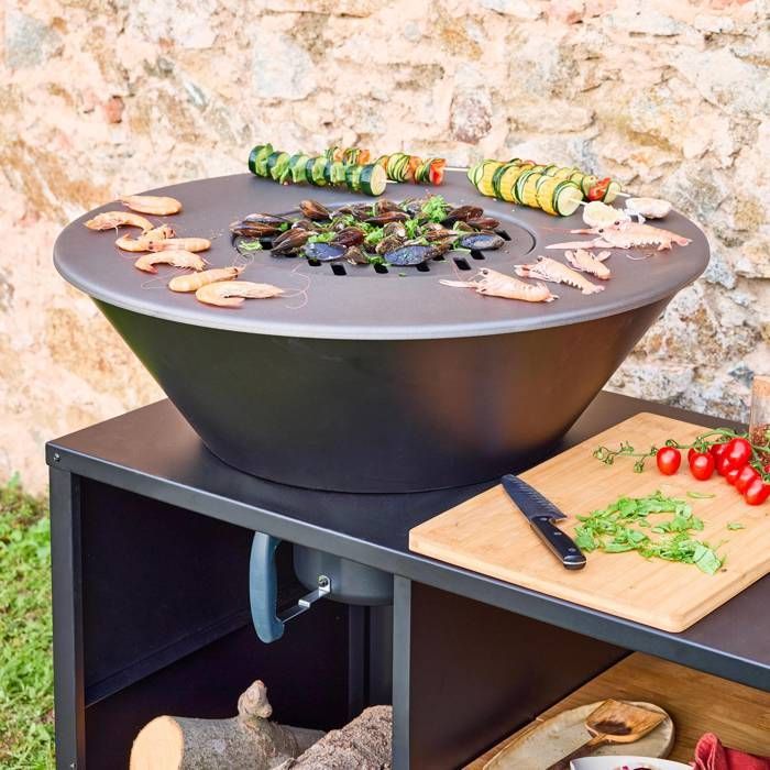 Brasero para barbacoa STROMBOLI de 80 cm de diámetro, carrito de servicio con espacios de almacenamiento y tapa.