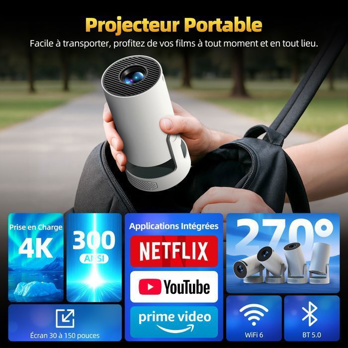 Miniproyector portátil compatible con 4K, HD 720P, WiFi 6, Bluetooth 5.0, Android 11.0, HDMI/USB