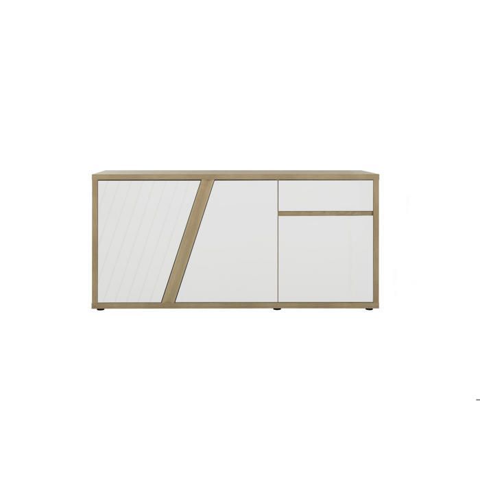 Buffet 3p 1t blanc brillant & effet bois chêne matière durable