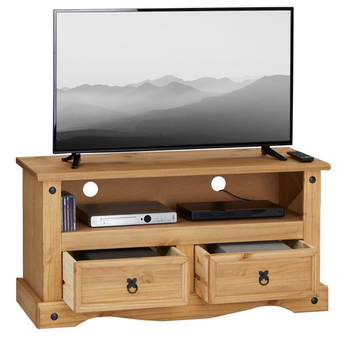 Mueble para TV SALSA, banco de madera de estilo mexicano de 108 cm con 2 cajones y 1 nicho, fabricado en pino macizo con acabado teñido y encerado.
