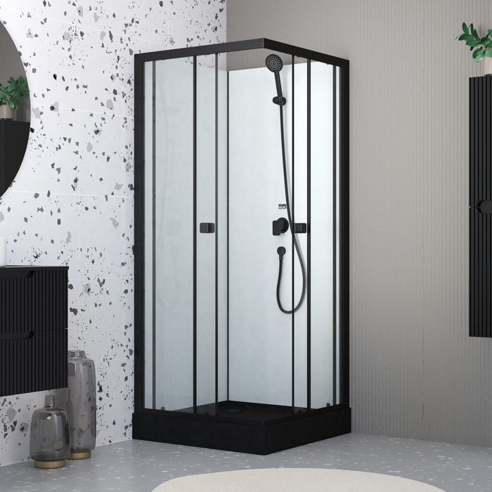 Mampara de ducha cuadrada completa de 80x80x200 cm - Puertas correderas - Plato de ducha negro mate