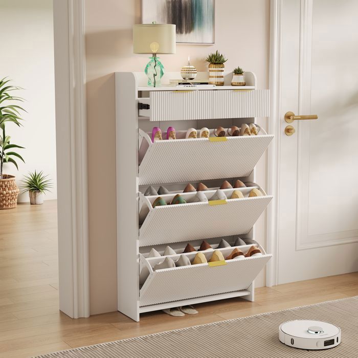 Zapatero - Zapatero con 3 puertas abatibles y 2 cajones - Estilo minimalista moderno - Blanco - 133 x 77 x 25 cm