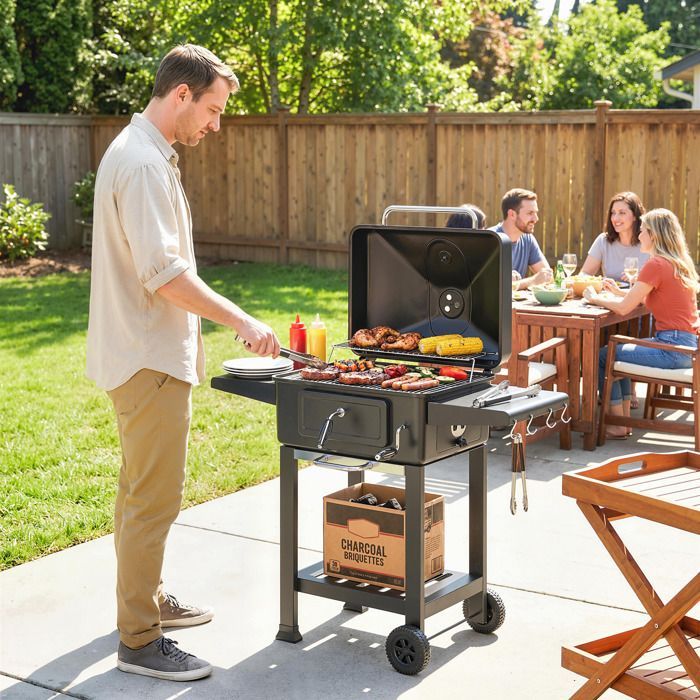 Barbecue charbon de bois - Outsunny - avec couvercle, bac à charbon et évents réglables 600°C thermomètre - métal - 112cm - noir