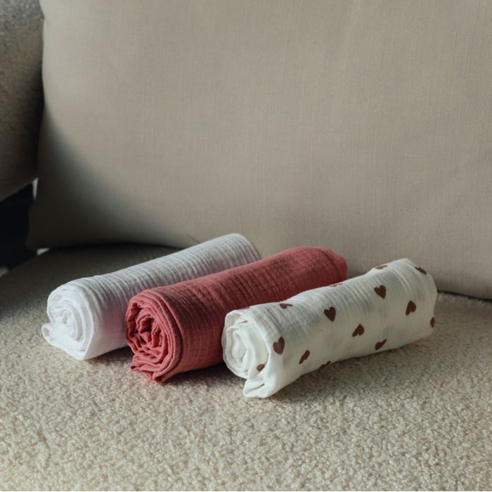 Set of 3 baby muslin squares, absorbent and breathable - 100% cotton muslin - 30 x 30 cm - Heart - Monsieur Bébé