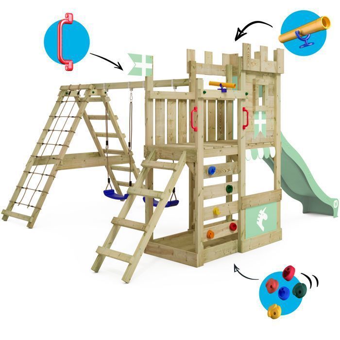 Zona de juegos de madera WICKEY DragonFlyer Flyer XXL con columpio doble, tobogán de 220 cm, verde pastel – 10 años de garantía*