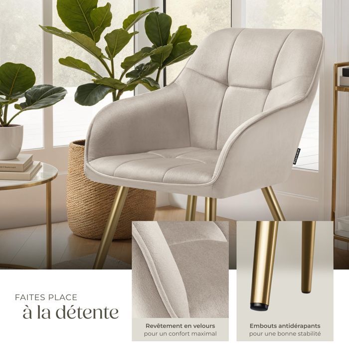 Silla - TECTAKE - Silla de comedor MARYLIN en aspecto de terciopelo con patas de acero dorado - Topo/Dorado