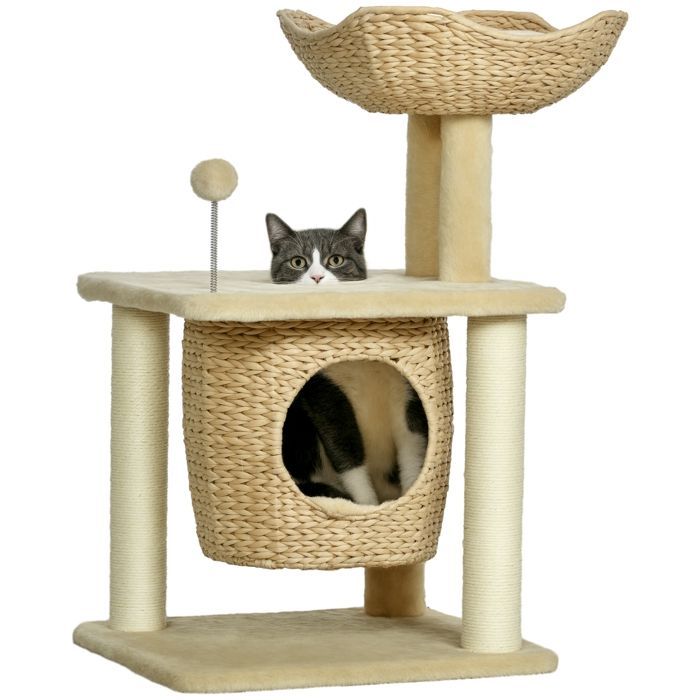 Cat tree scratching post - PawHut - cattail climbing tree with 1 den, basket, pom-pom, play tower - plush - height 74 cm - beige