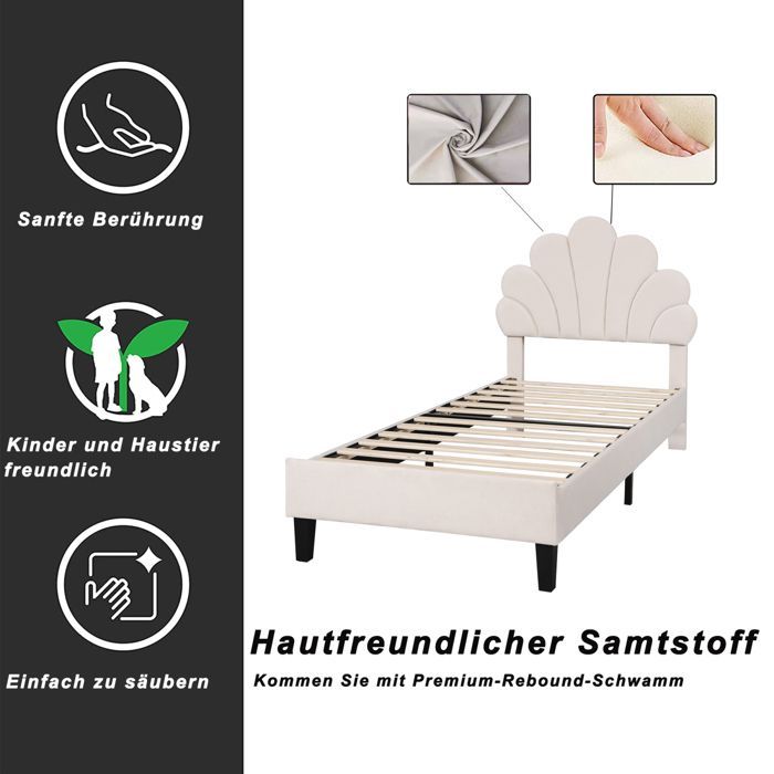 Cama de solteiro 90x200, estrutura de cama com cabeceira em formato de flor e estrado de ripas, cama infantil estofada, veludo, bege