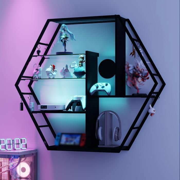Étagère Murale avec Éclairage LED RVB, 5 Niveaux de Rangement, Étagère Flottante en Métal et Verre, Noir