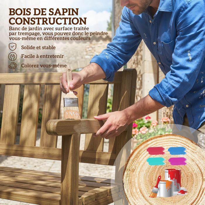 Banco de jardín - banco de exterior - Outsunny - 3 plazas, personalizable (DIY) con capacidad de carga de 360 kg - madera - 167x57x93cm - teca