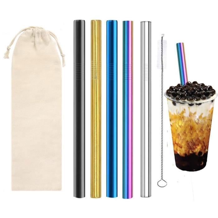 Lot de 5 Pailles Bubble Tea - Réutilisables - Pailles Extra Larges en Acier Inoxydable 12mm - avec 1 Brosses de Nettoyage