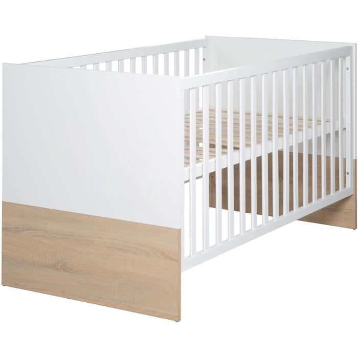 Conjunto completo de dormitorio infantil: cuna convertible de 70 x 140 cm + cambiador + armario de 3 puertas - ROBA - Acabado bicolor blanco/roble claro