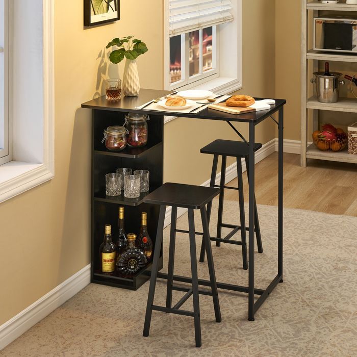 Bar table and 2 chairs set - Set of 1 Table + 2 High Bar Stools - High chairs for kitchen bar table Black