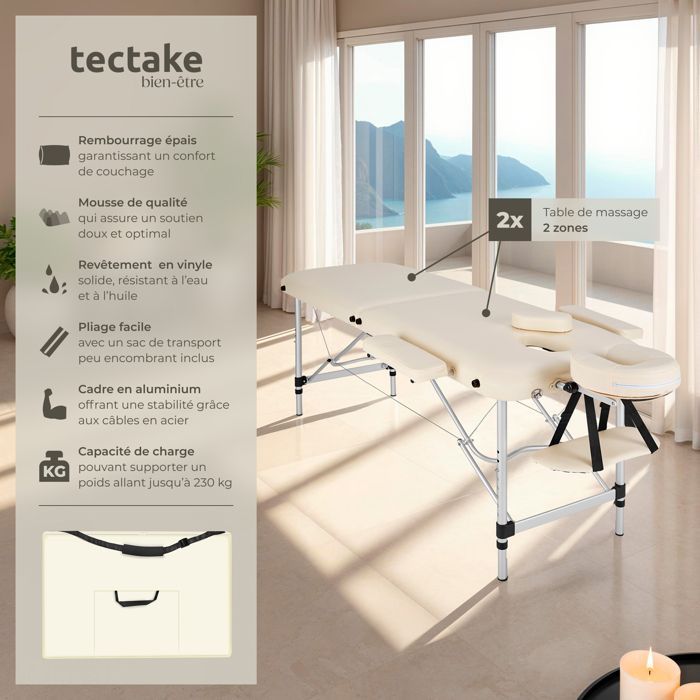Camilla de masaje - TECTAKE - Camilla de tratamiento plegable y portátil de 2 secciones 205 x 95 x 89 cm - Beige