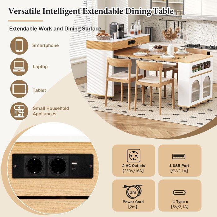 Isla de cocina con ruedas 50-187×110×95 cm. Carrito de cocina con encimera extensible, 4 puertas, 1 cajón y puertos USB.