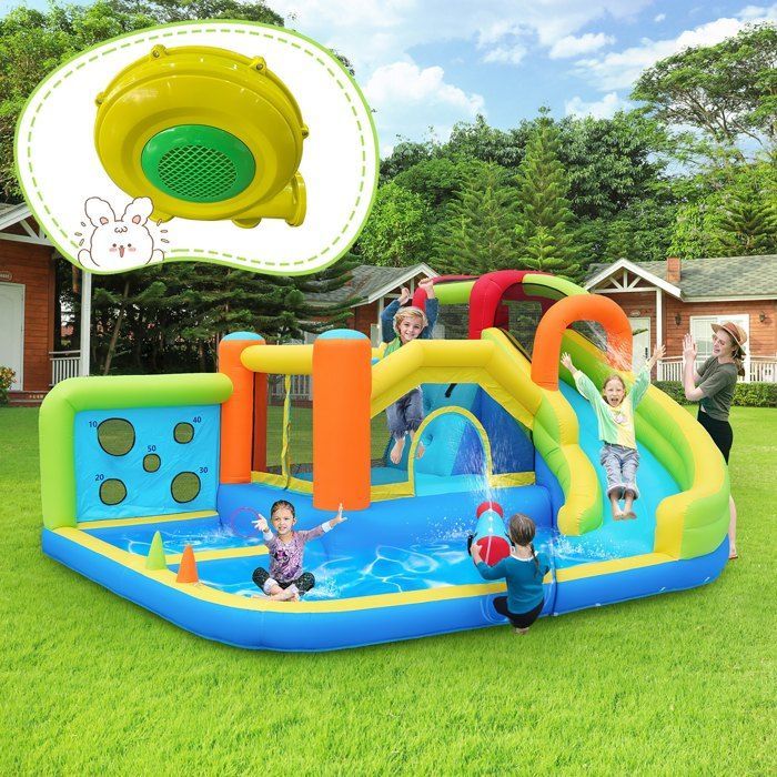 Aufblasbarer Spielbereich mit 450-W-Gebläse, Hüpfburg für Kinder von 3 bis 8 Jahren mit Rutsche, Trampolin, Pool und Kletterwand