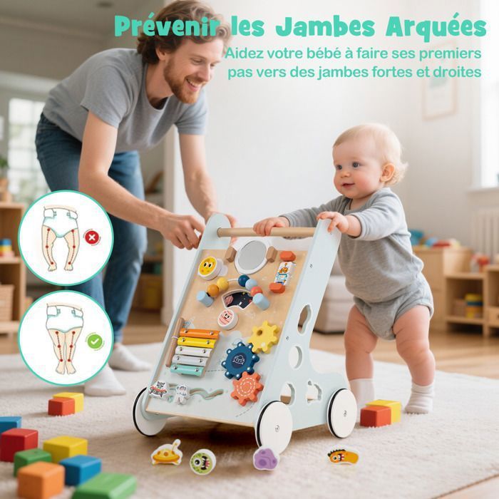 DREAMADE Wooden Baby Walker, Montessori Baby Walker with Mirror & Storage Space & Educational Toy, Light Green