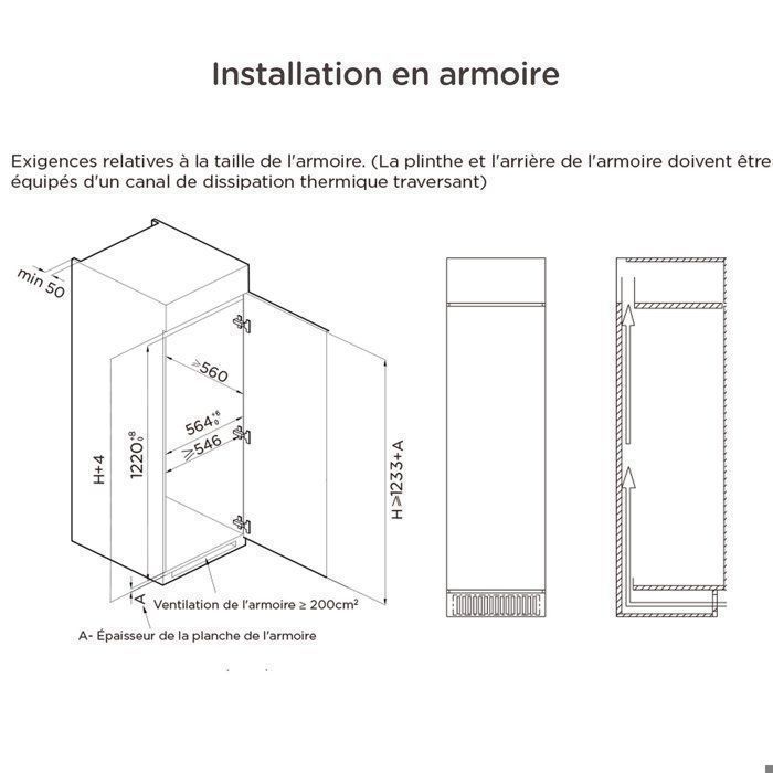 Réfrigérateur 1 Porte Encastrable COMFEE - Intégrable - 205L - Classe E - L54 cm x H123,3 cm x P55 cm - Blanc