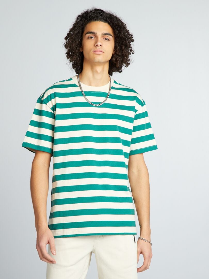 Gestreept katoenen T-shirt - BEIGE